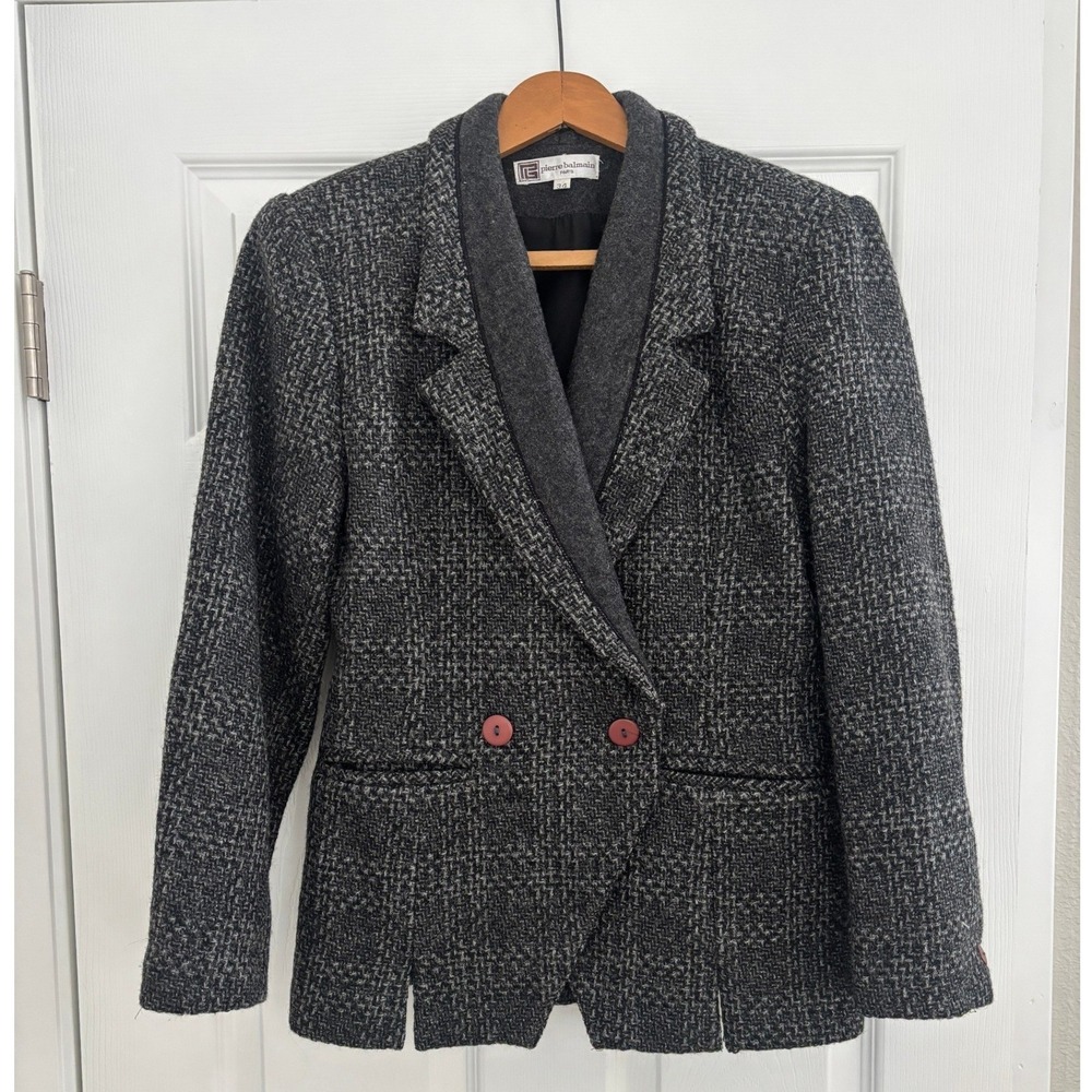 Vintage Pierre Balmain Paris Tweed Blazer Contrast Lapel Wool FR 34 XS